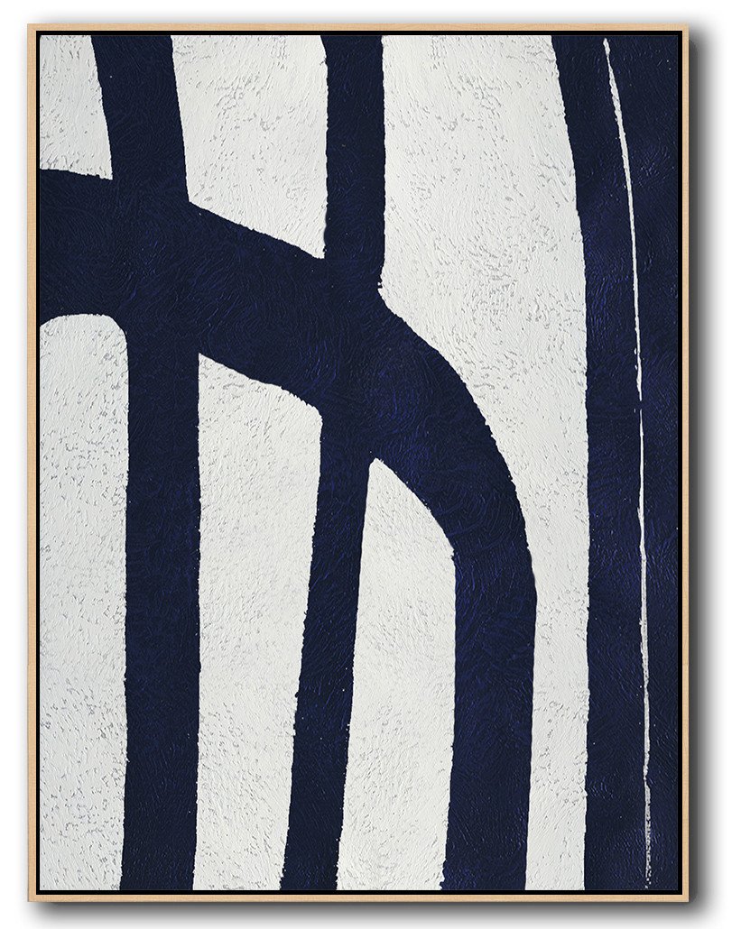 Buy Hand Painted Navy Blue Abstract Painting Online - Cream Abstract Art Huge